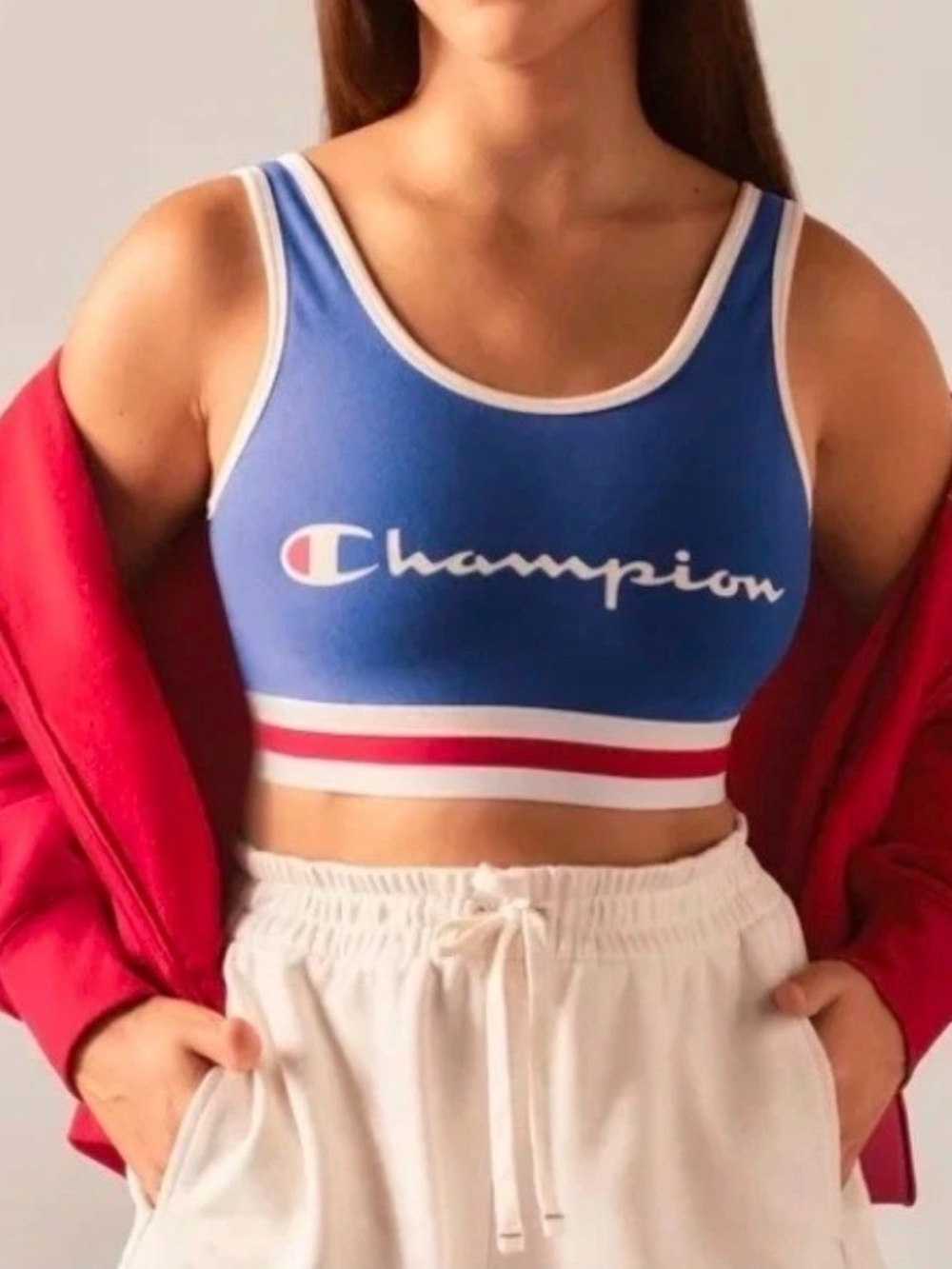 Champion Navy Racerback Logo Sports Bra with Red & White Stripe